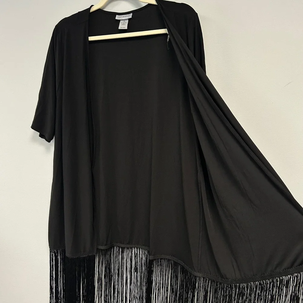 Catherines Black Fringe Trim Open Front Cover Up Duster Cardigan Size 1X